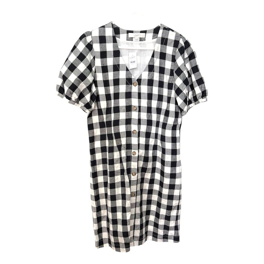 NEW LOFT 6 Black White Gingham Button Puff Sleeve Linen Blend Dress Cottagecore